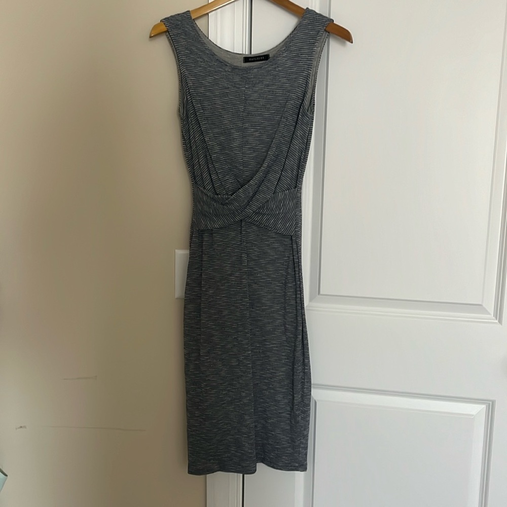 Subtle blue and white striped shift dress